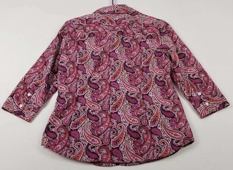 Valerie Stevens 纽扣衬衫女式小号 PS 佩斯利 3/4 袖波西米亚 — 第 3/4 张图片