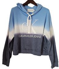 CALVIN KLEIN Women's Blue Ombre LOGO Long Sleeve Pullover Hoodie Sweater Size L
