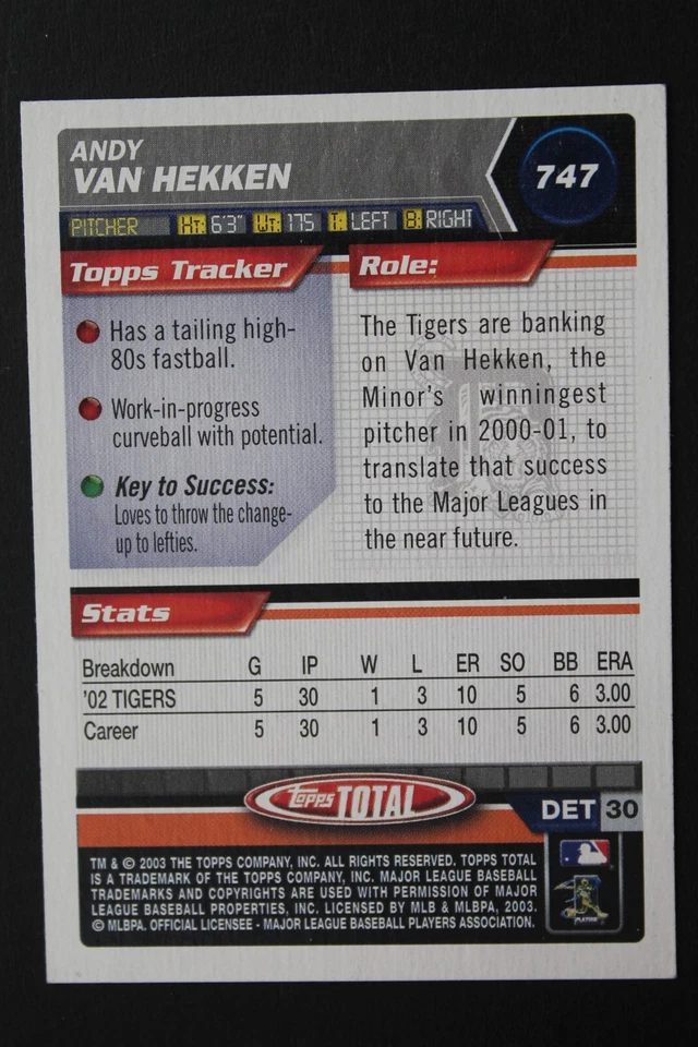 Andy Van Hekken Detroit Tigers Signed 2003 Topps Total #747 Autographed Card - Image 2 of 3