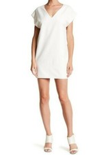 Women's Woven Solid Short Sleeve V-Neck Shift Dress Size S~L Ivory/ Black