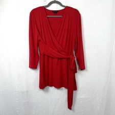 Lane Bryant Blouse Women's Size 14/16 Red Faux Wrap 3/4 Sleeve V-Neck Tunic Top