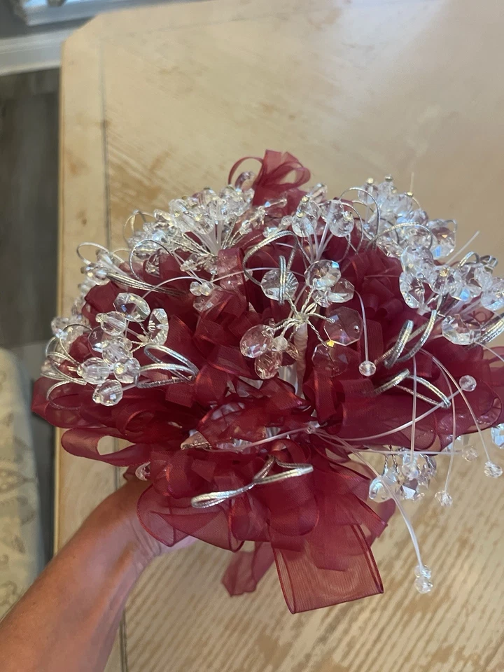 Burgundy/ Maroon Ramo Quinceañera Ribbon/ Clear Crystals / Beads Bouquet - Image 4 of 4