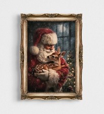 Santa Claus with Deer Poster, Vintage Christmas Print, Rustic Holiday Wall Art