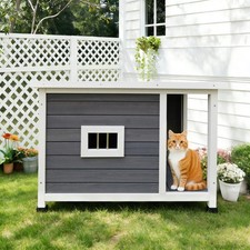 Outdoor Cat House Waterproof Roof, Ventilated Windows, Metal Support Solid Wood