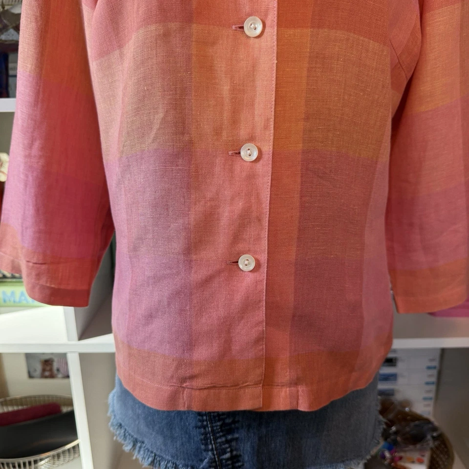 Talbots 100% Linen Pink Plaid Button 3/4 Sleeve Beach Boho Blouse Top Sz 10 - Image 4 of 4