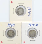 1910-PDS Barber Dimes Silver 10c Lot of 3