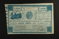 Paraguay 5 Pesos Tesoro Nacional Blue Note c.1860s REPUBLICA DEL PARAGUAY ... VF