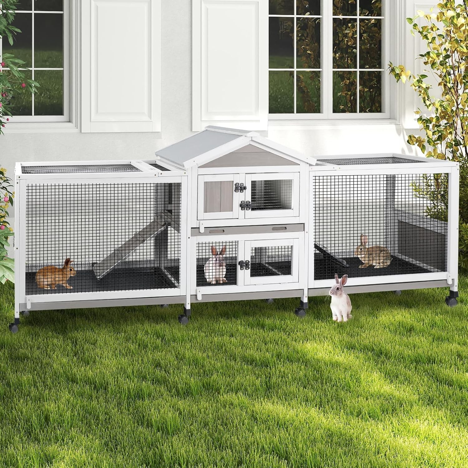 Petscosset Double Rabbit Hutch 2-Story Outdoor Indoor Large Bunny Cage,Grey