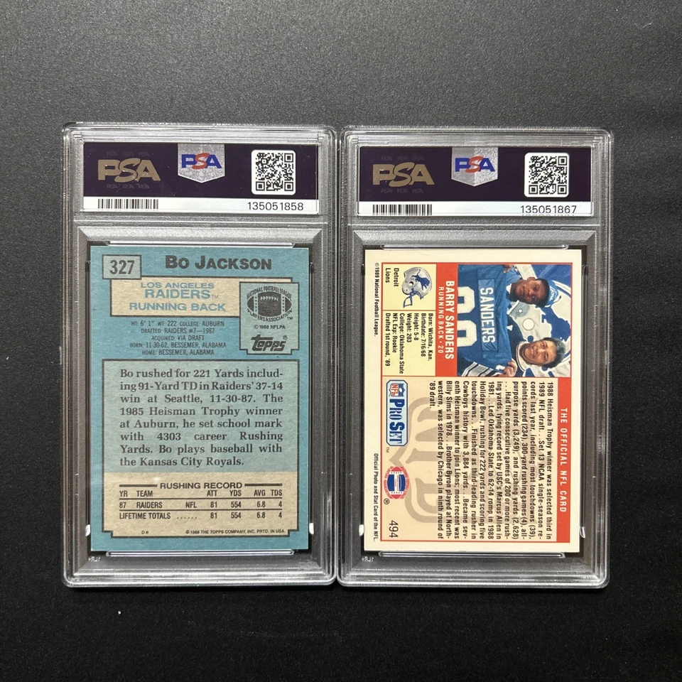 Bo Jackson 1988 Topps PSA 7 + Barry Sanders 1989 Pro Set PSA 6 HOF RC Lot Nice!! - Image 2 of 4