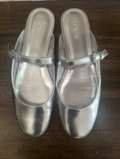 J.Crew Silver Mary Jane Slip On Mules Decorative Buckle Womens Size 7