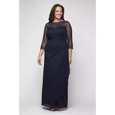 Alex Evenings Navy Blue Beaded Sheer Neckline 3/4 Sleeve Draped Gown Plus Size