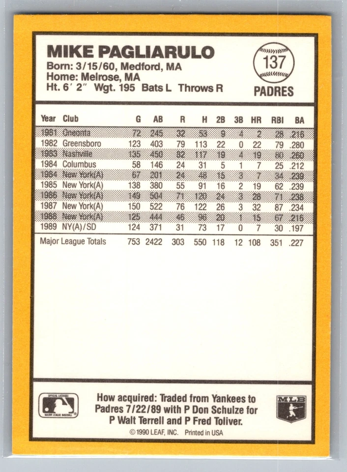 1990 Donruss Best of the National League #137 Mike Pagliarulo - Image 2 of 2