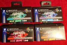 Staedtler 6 PENS 4PKs Pigment Arts Brush Pens Greys Caramels Blues Reds Green p