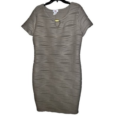Miss Star Dress Womens Plus 2x Taupe Gold Tone Accent Casual Wavy Design Midi B2