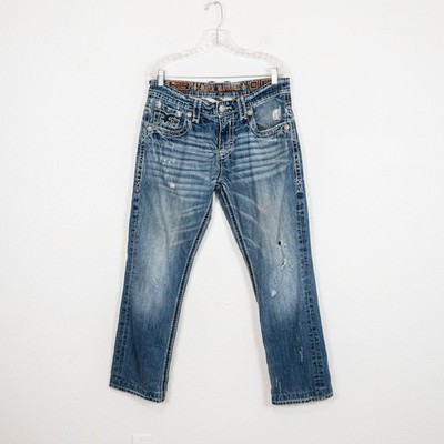 Rock Revival Men's Ethan Straight Denim Jeans Blue ripped Distressed 33