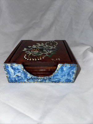 Beautiful Wooden Hand Painted Set Of 6 Coaster With Box