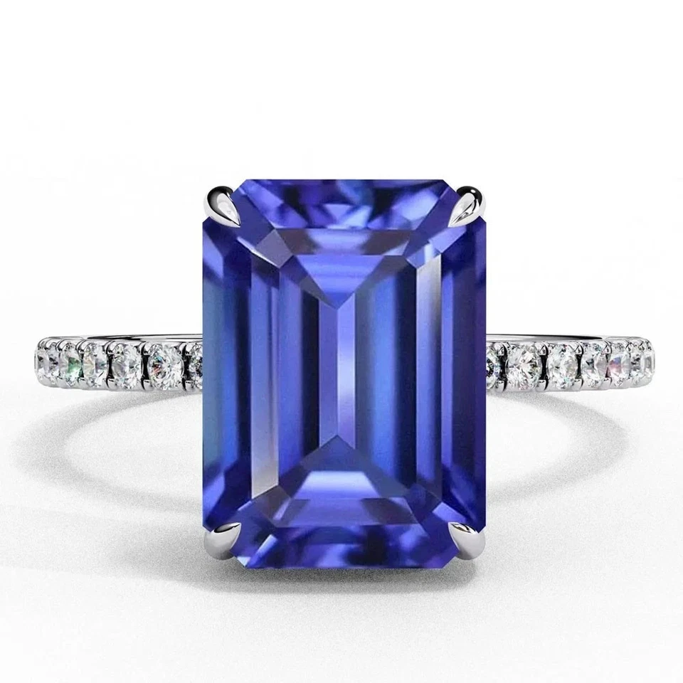 5.50 Ct Emerald Cut Natural Tanzanite Diamond Gemstone Ring 18K White Gold Sz 8 - Image 2 of 4