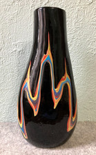 Vintage Hand-Blown Art Glass Large Vase Black Amethyst Rainbow Flame Swirl 14"