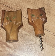Zestaw 2 głów kotów z drewna tekowego vintage - korkociąg i uchwyty - połowa wieku - mosiądz