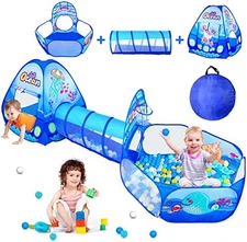 3 in 1 Kids Play Tent with Tunnel, Ball Pit, Basketball Hoop for Boys & Girls, T