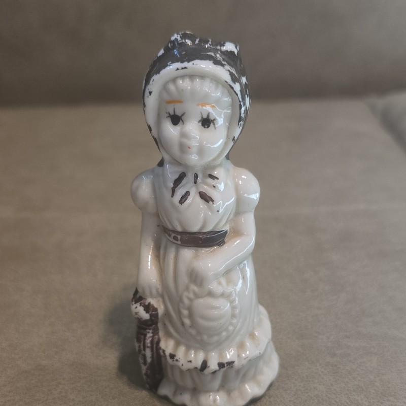 Vintage Ceramic Girl with umbrella and bonnet Figurine White & Brown