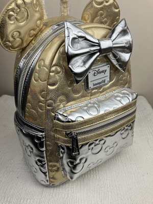 Loungefly Disney Minnie Mouse Silber & Gold Gesteppter Mini Rucksack Brandneu