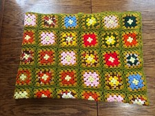 Vtg Handmade Crochet Granny Square Blanket 3D Flowers Afghan 70's