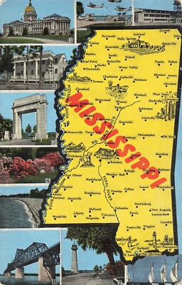 Postcard Large Lettering & Map Mississippi With Multiple Views Linen