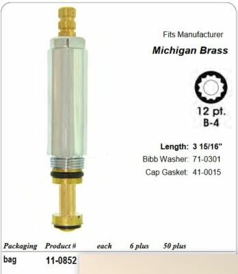 Michigan Brass Stem 11-0852C, Danco 8A-1C, Left Hand Cold ,12 pt, 3 and 15/16''