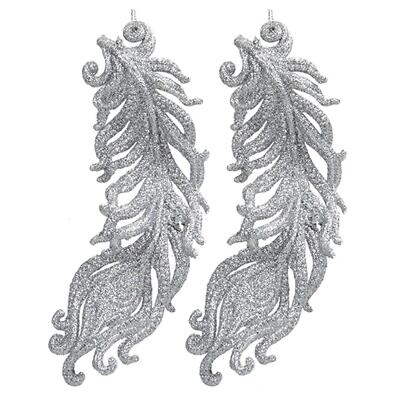 Silber Glitzer Christbaumschmuck 2 Stück Blatt Blätter Federn
