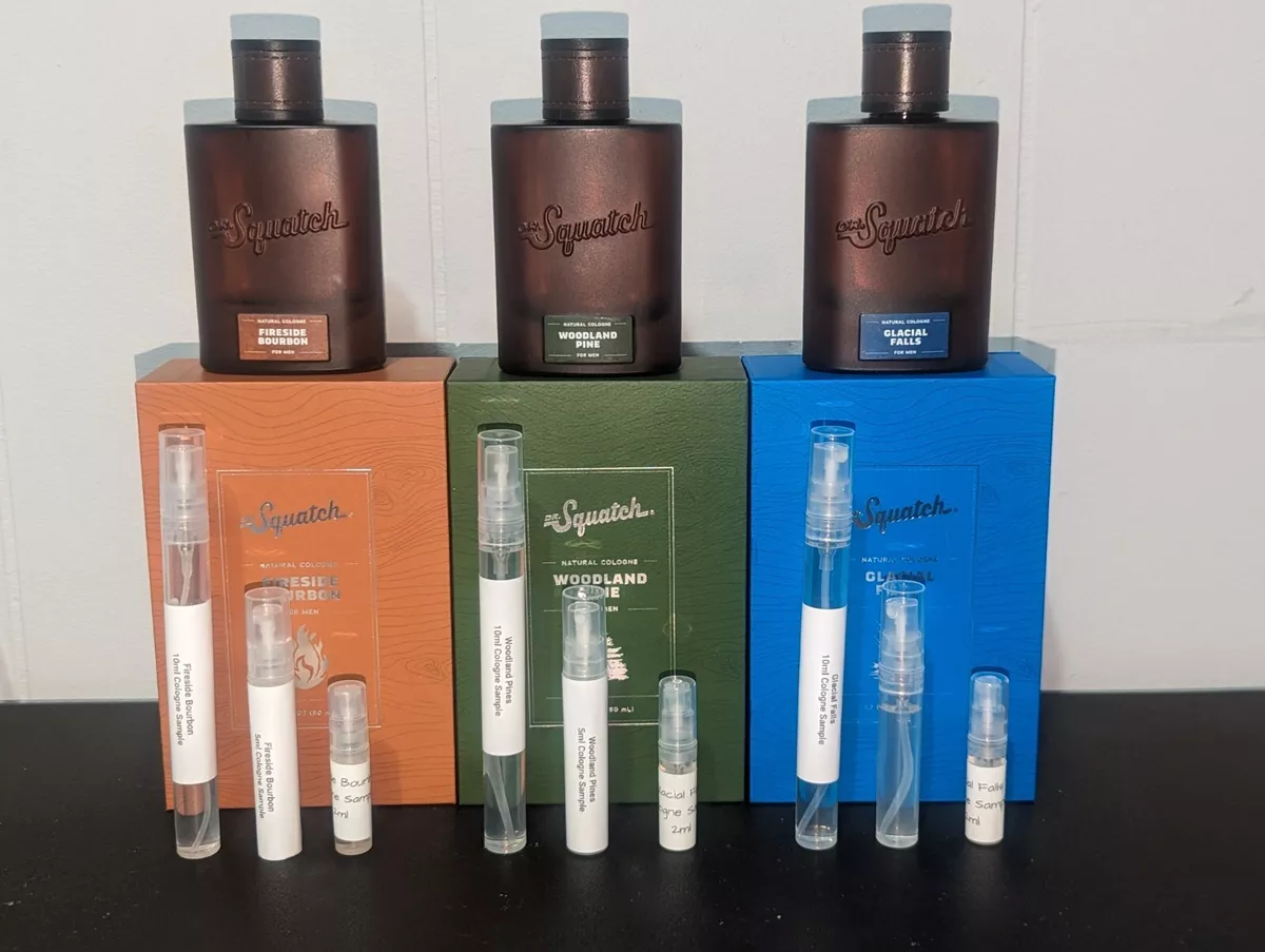 Dr. Squatch Cologne Samples available in 2ml, 5ml, and 10ml spray decanters.