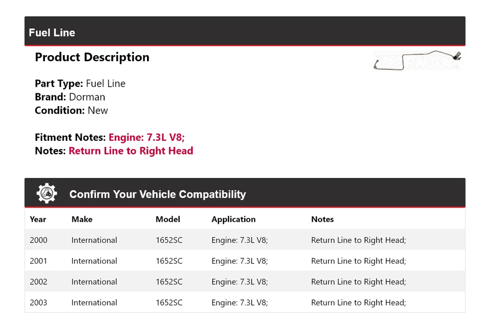 Para International 1652SC 2000-2003 7,3 L V8 Dorman Fuel Line 2001 2002 Foto 2 de 4