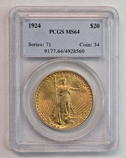 1924 $20 Gold Saint Gaudens Double Eagle PCGS MS64
