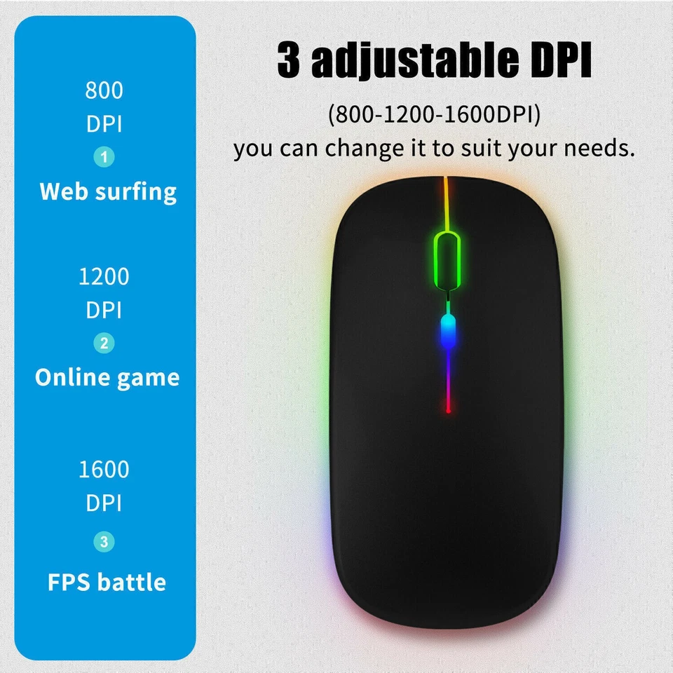 2.4GHz Wireless Optical Mouse USB Rechargeable RGB Cordless Mice For PC Laptop - Image 4 of 4