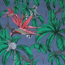Tropical jungle palm leaves lemurs blue green red faux fabric textured wallpaper