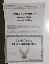 Harley Davidson Brookfield Collectors Guild COA & Envelope 1988 LE German Stein