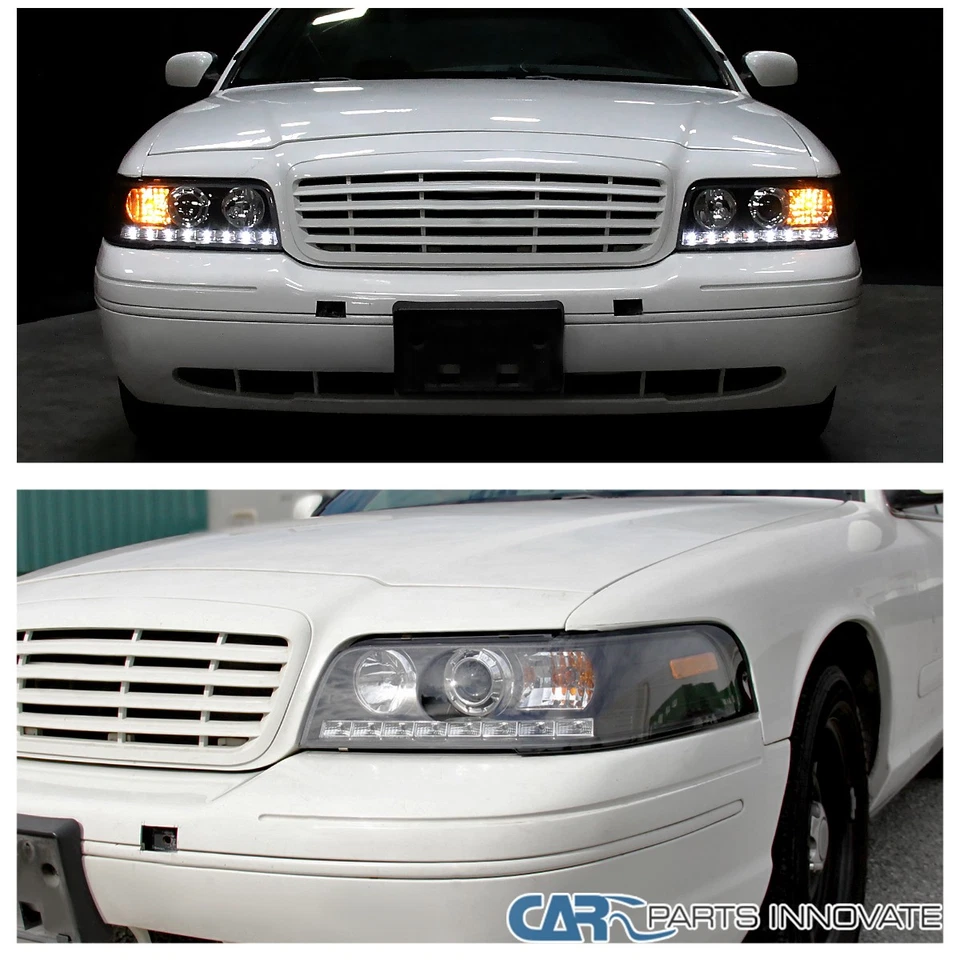 Fit 1998-2011 Ford Crown Victoria Projector Headlights Black Head Lamp LED Strip Foto 3 de 4