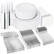 400pcs Silver Plastic Dinnerware Set Heavy Duty Disposable Plates Include Sil...