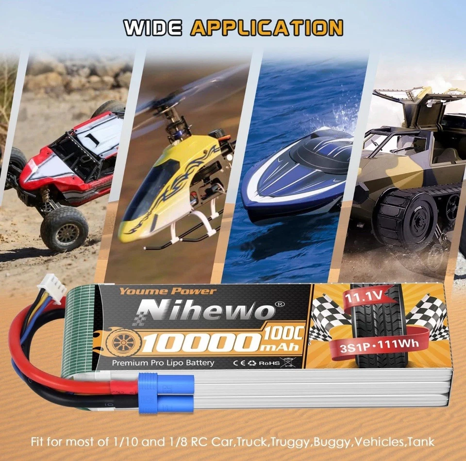 2x 3S Lipo Battery 11.1V 10000mAh 100C RC Battery Soft Case EC5 Plug Compatible - Image 2 of 4