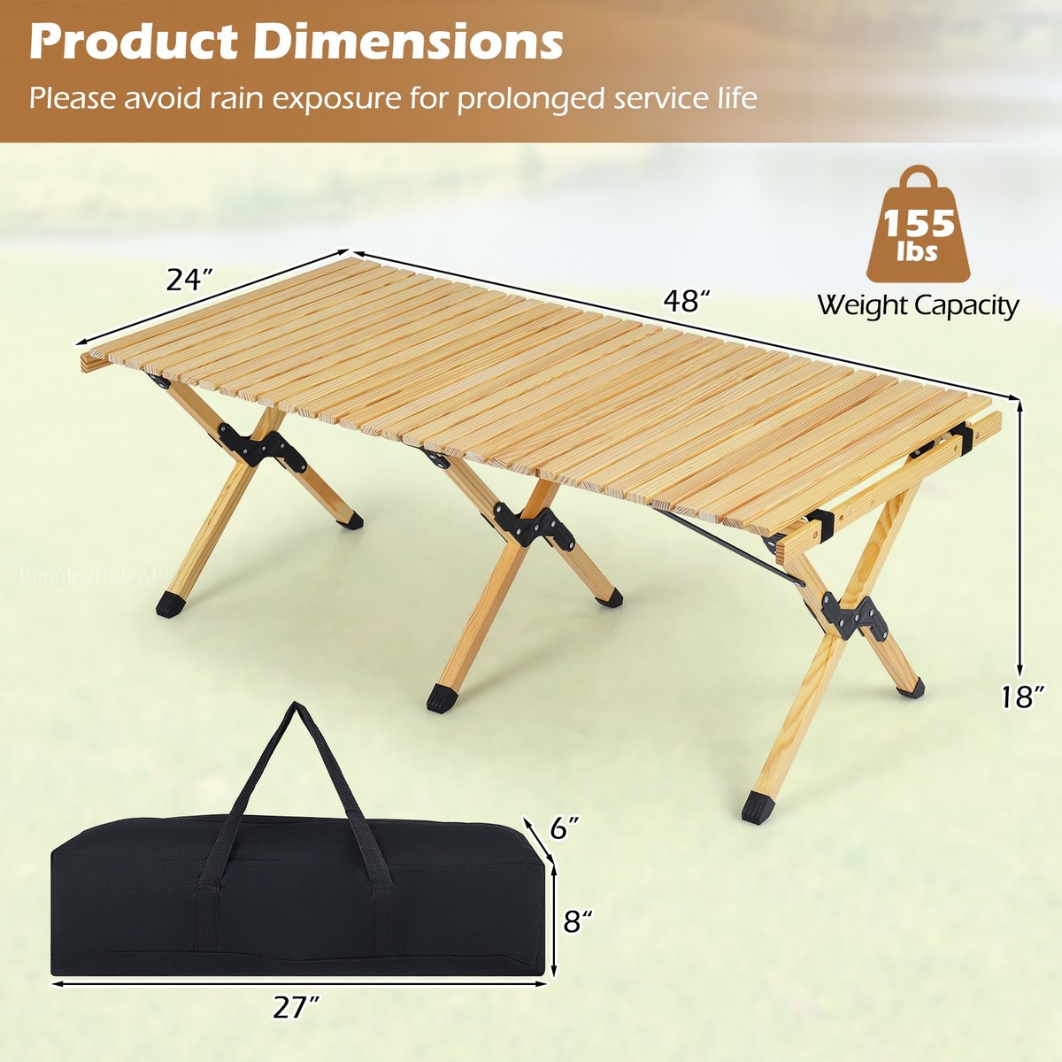 Folding Camping Table, Portable Roll-Up Pine Wood Picnic Table