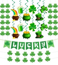 31Pcs St Patricks Day Decorations Pre-Assembled Shamrock Lucky Banner Garland...