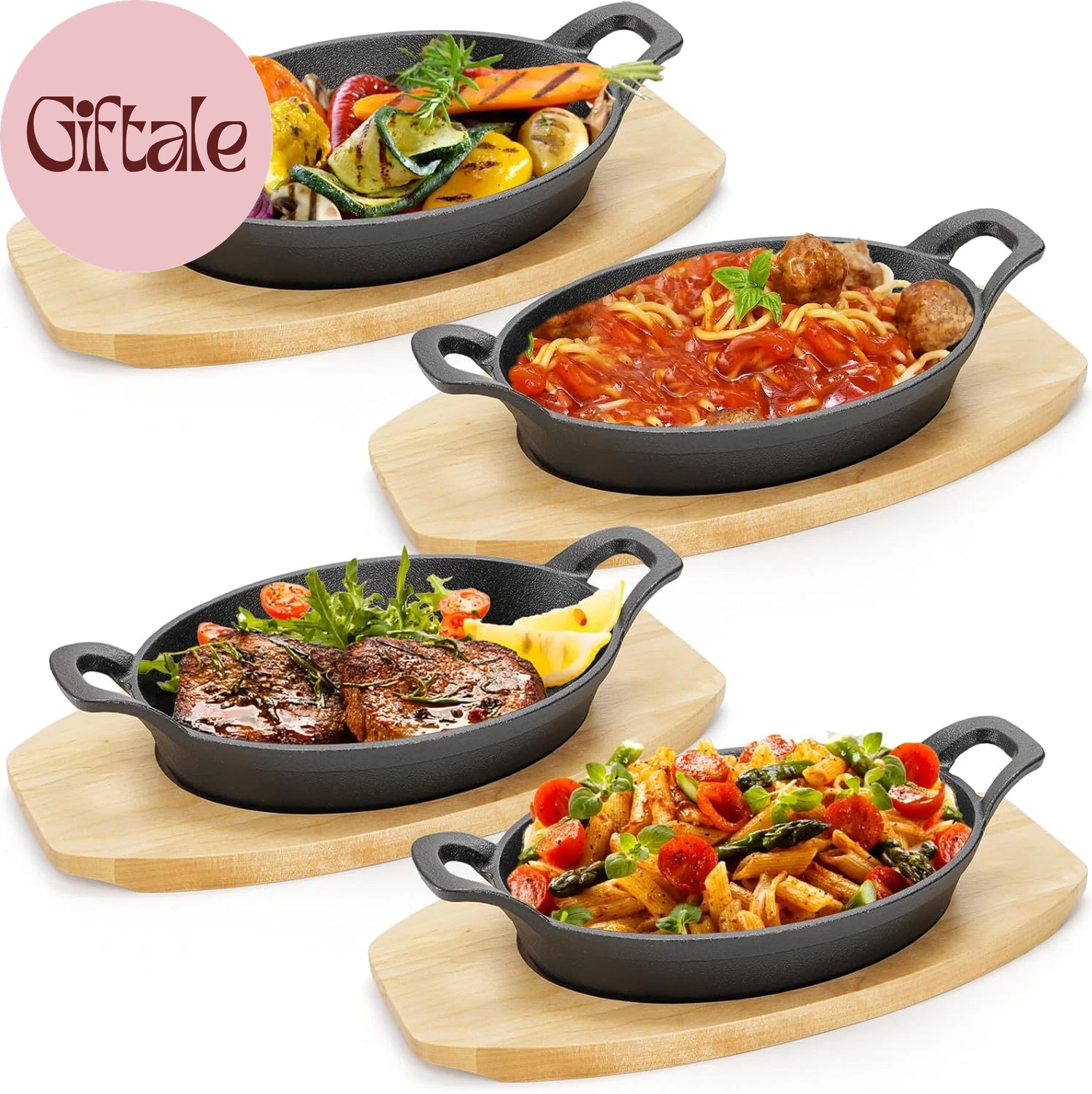 4 Pack Mini Cast Iron Fajita Skillet Set, 8.5 X 6.1 Inch Sizzling Plate with Woo