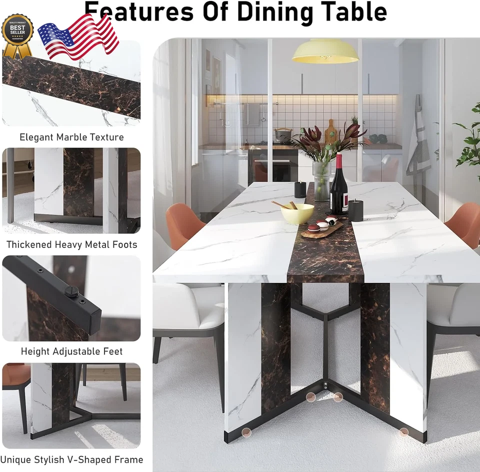Mesa de comedor rectangular grande de 71 pulgadas para 6-8 personas mesa de comedor con mármol Foto 4 de 4