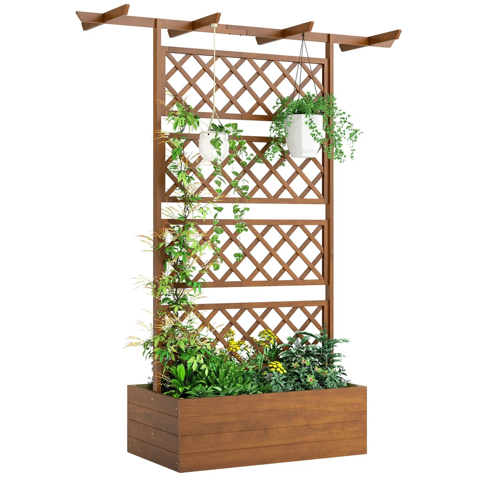 Cama de jardín elevada de madera Outsunny, maceta con enrejado para plantas trepadoras Foto 3 de 4