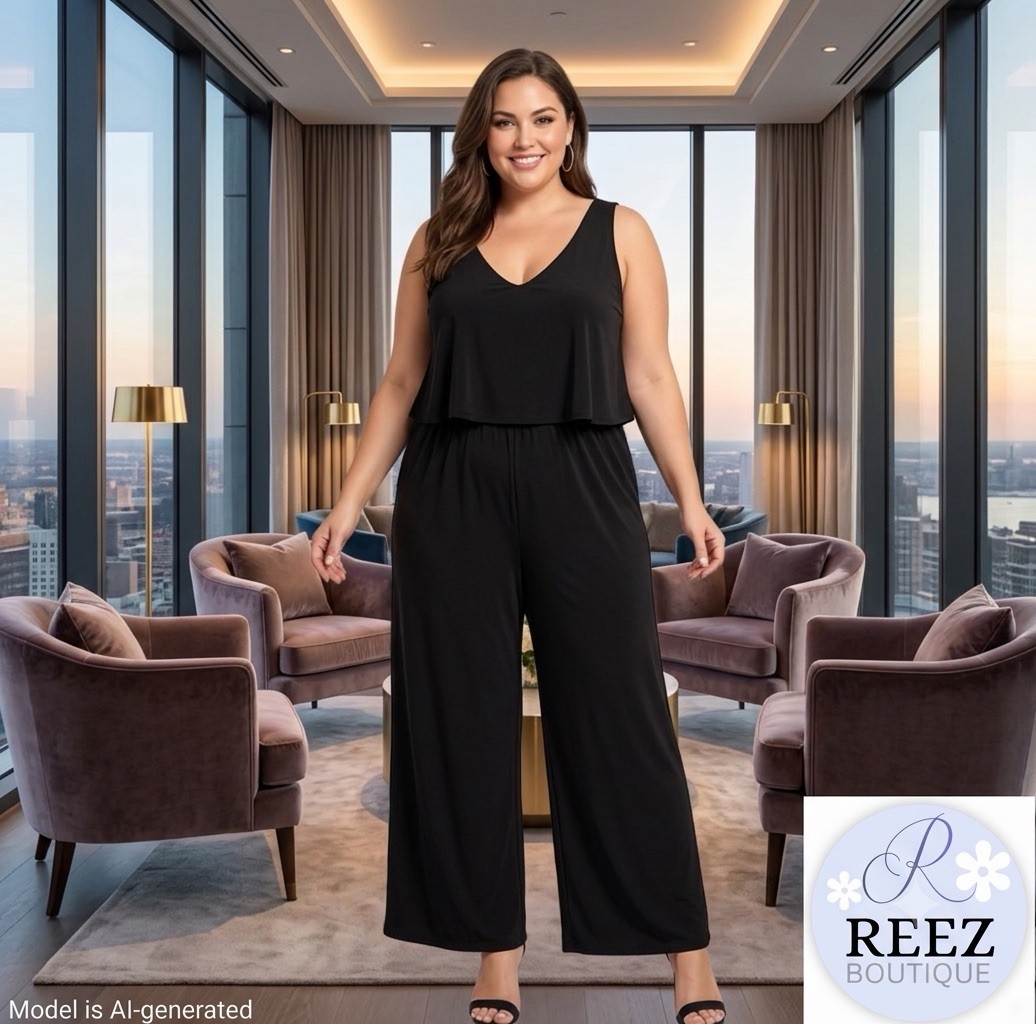 Nik And Nash Women Black Overlay Jumpsuit Wide Leg V Neck Sleeveless Romper L