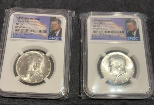 Silver Kennedy Half Dollar (6) Signature Flag Label 1964 NGC MS64  P & D 1st YR
