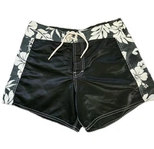 Vintage Floral Panel Board Shorts Black Hibiscus Surf Swimwear  Sz 11 Y2k Hawaii