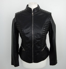 Real Leather Women's Jacket Black Bomber Zip Quilted/Ribbed w/ Pockets NEW