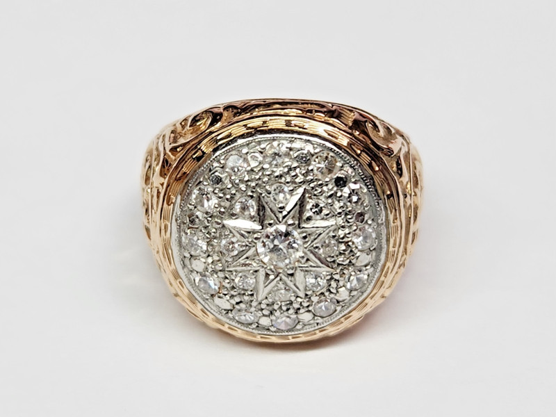 VINTAGE 17k Gold & 900 Platinum Repousse Textured Diamond Cluster Ring Sz 8.25