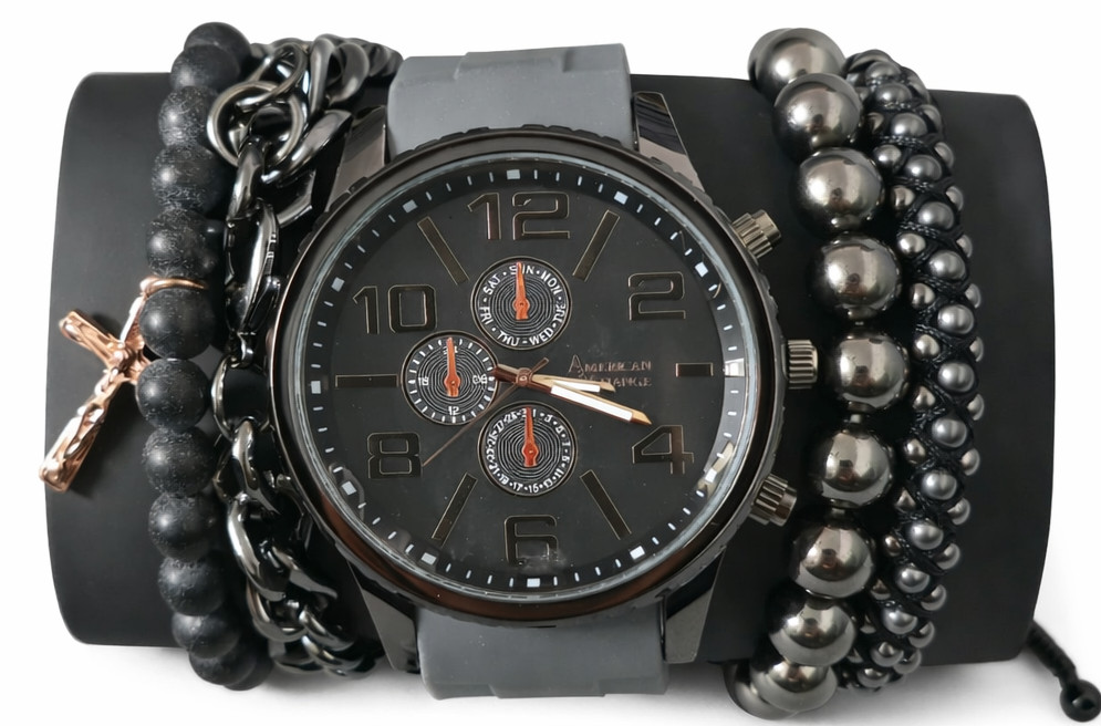 American Exchange Men’s Chronograph Watch Gray Strap Bracelet Set New Open Box